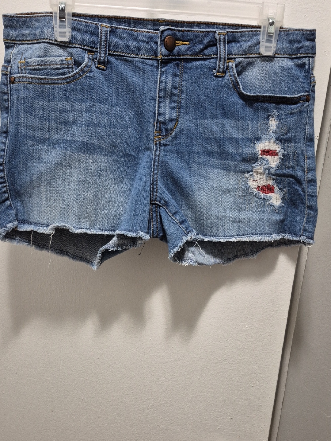 William Rast Light Blue Distressed Denim Cutoff Shorts With Red Patch
